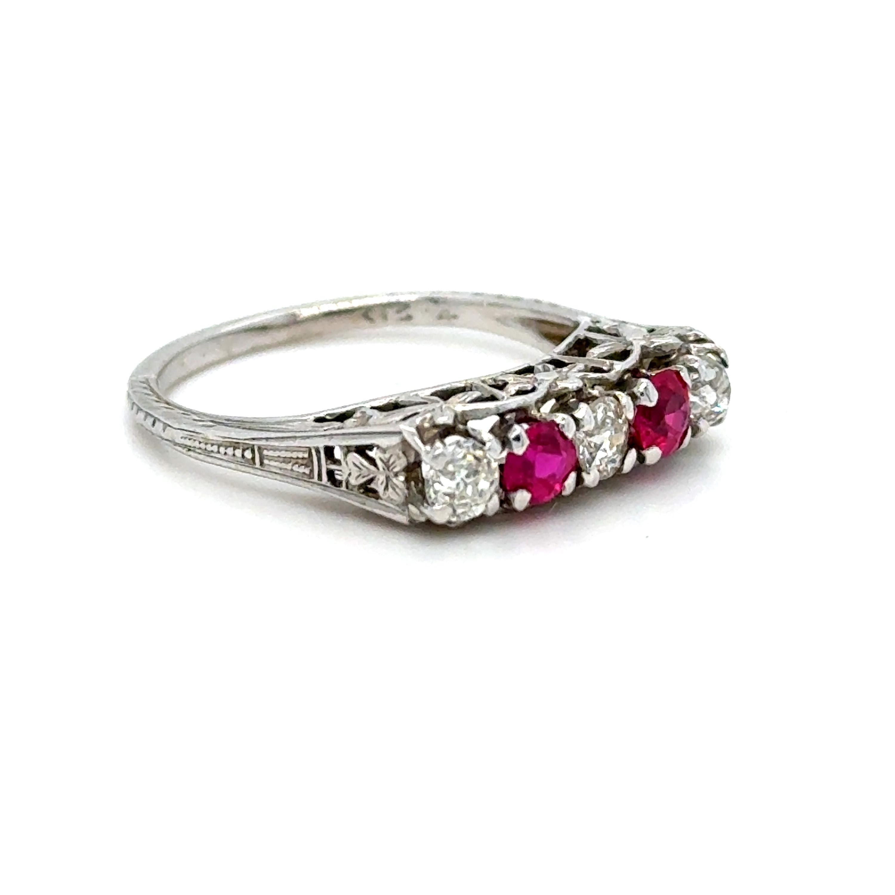 Fabulous Vintage Filigree 18K White Gold Ruby and Diamond Ring Engagement Ring - 0.85ct.